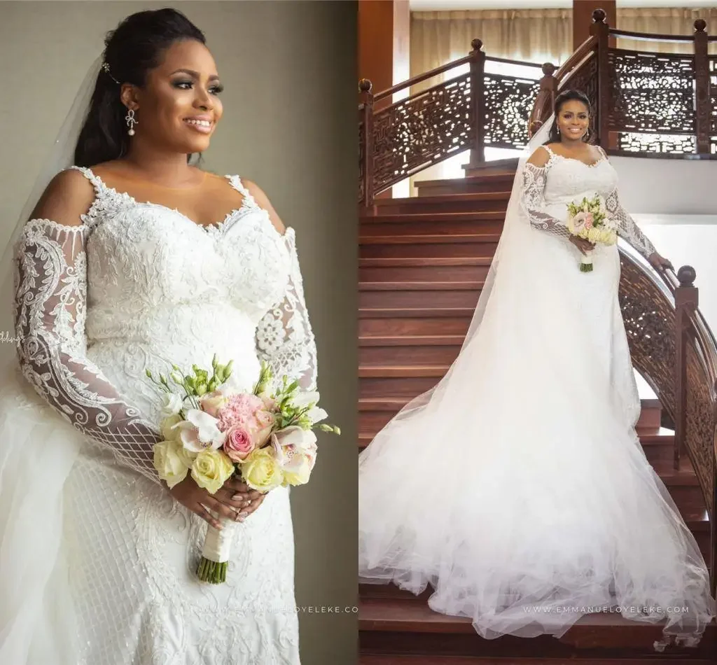 Customized Long Sleevs Jewel Neck Mermaid Wedding Dress Detachable Train Sexy Plus Size Lace Appliqued Custom Made African Brida
Customized Long Sleevs Jewel Neck Mermaid Wedding Dress Detachable Train Sexy Plus Size Lace Appliqued Custom Made African Brida