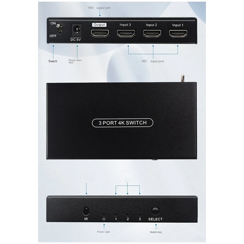 4K60hz -Compatible2.0 Switcher 3 In1 Out 1080P Switcher Supports 3D Visual Effects Easy Install US Plug
4K60hz -Compatible2.0 Switcher 3 In1 Out 1080P Switcher Supports 3D Visual Effects Easy Install US Plug