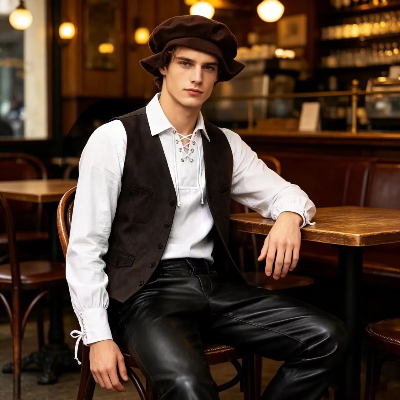 Medieval Men's Retro Outfit Halloween Costume Casual Black Leather Pants Vest Shirt Ensemble for Daily Wear And Themed Events
Medieval Men's Retro Outfit Halloween Costume Casual Black Leather Pants Vest Shirt Ensemble for Daily Wear And Themed Events