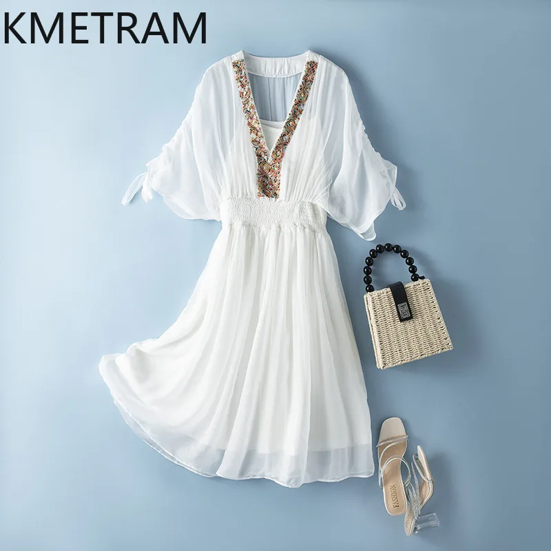 KMETRAM 100% Mulberry Silk Summer Dress Woman 2025 V-neck Mid Length Dresses Birthday Frocks Women Clothing Vestidos Largos
KMETRAM 100% Mulberry Silk Summer Dress Woman 2025 V-neck Mid Length Dresses Birthday Frocks Women Clothing Vestidos Largos