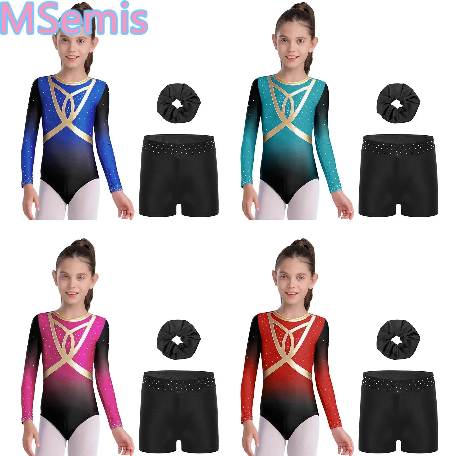 Kids Girls Figure Skating Gymnastics Outfit Round Neck Long Sleeve Shiny Rhinestones Gradient Leotard with Shorts And Hairband
Kids Girls Figure Skating Gymnastics Outfit Round Neck Long Sleeve Shiny Rhinestones Gradient Leotard with Shorts And Hairband