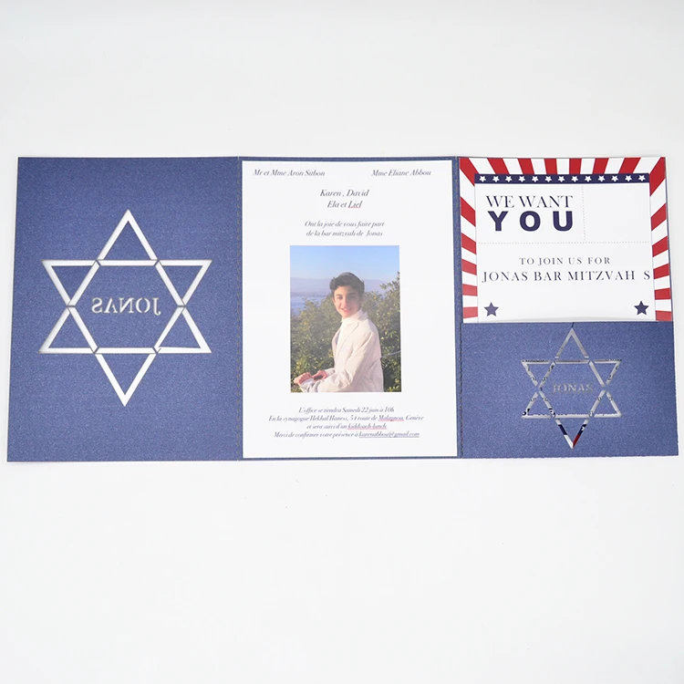 Magen David Star лазерная резка на заказ бар мицва еврейская церемония тройная пригласительная открытка
Magen David Star лазерная резка на заказ бар мицва еврейская церемония тройная пригласительная открытка