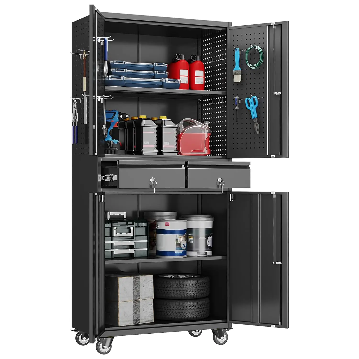 Garage Storage Cabinet with Wheels and Doors,71" H Metal Storage Cabinet with Pegboard and 2 Drawers for Garage, Customized
Garage Storage Cabinet with Wheels and Doors,71" H Metal Storage Cabinet with Pegboard and 2 Drawers for Garage, Customized