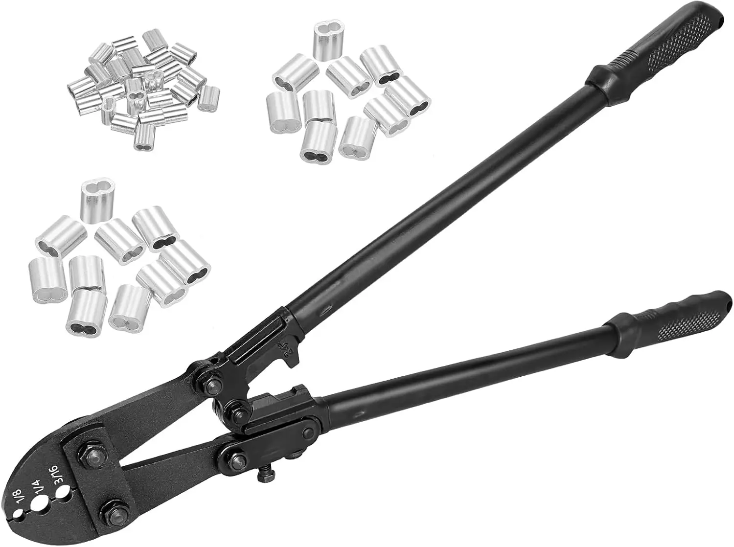 25" Wire Rope Crimping Tool, 3 Cavity for 1/8"-1/4" Aluminum Sleeves, Heavy Duty Hand Swager with 40Pcs Loop Sleeves
25" Wire Rope Crimping Tool, 3 Cavity for 1/8"-1/4" Aluminum Sleeves, Heavy Duty Hand Swager with 40Pcs Loop Sleeves