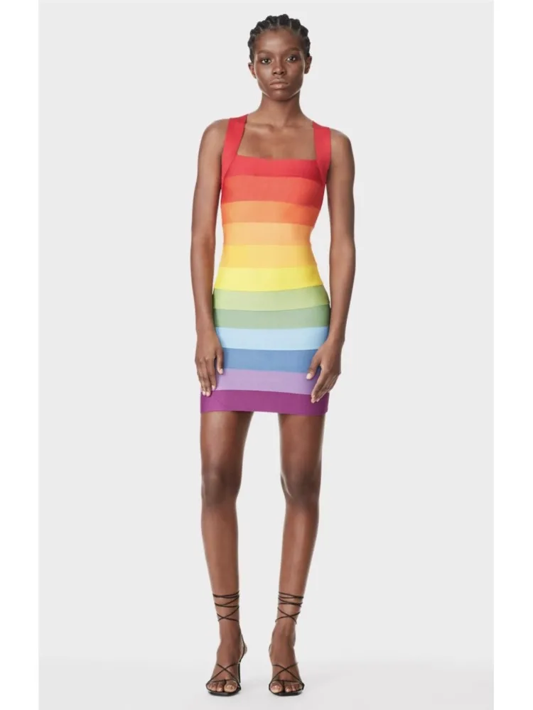 New Rainbow Gradient Bandage Sexy Hanging Strap Tight Short Skirt Nightclub Singer Evening Party Dress
New Rainbow Gradient Bandage Sexy Hanging Strap Tight Short Skirt Nightclub Singer Evening Party Dress