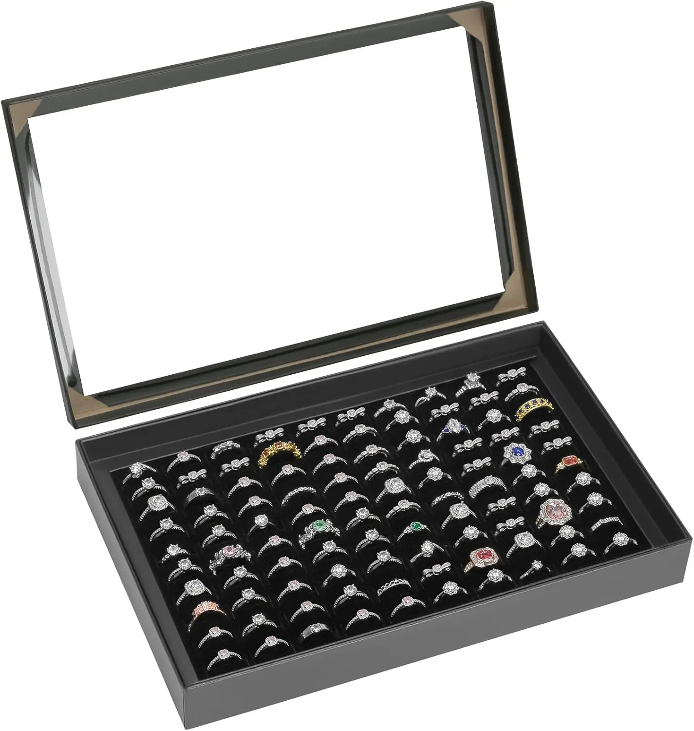 100 Slots Ring Earring Holder Display Case, Velvet Jewelry Organizer Box Tray with Clear Lid for Women
100 Slots Ring Earring Holder Display Case, Velvet Jewelry Organizer Box Tray with Clear Lid for Women