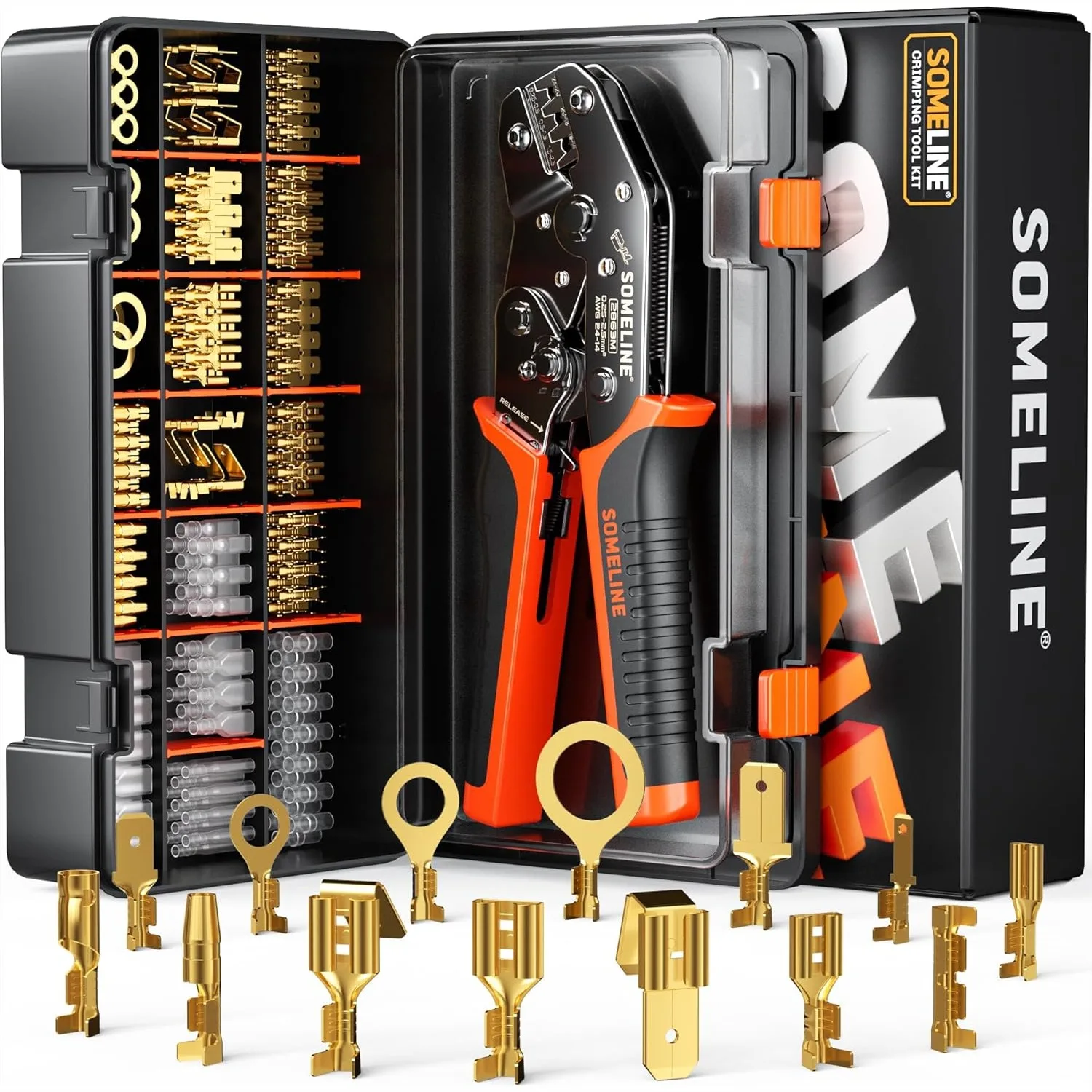 Crimping Tool Kit with 14 Sizes Wire Terminals, 24-14 AWG Ratcheting Wire Crimper, Male Female Disconnect Terminals, Open
Crimping Tool Kit with 14 Sizes Wire Terminals, 24-14 AWG Ratcheting Wire Crimper, Male Female Disconnect Terminals, Open