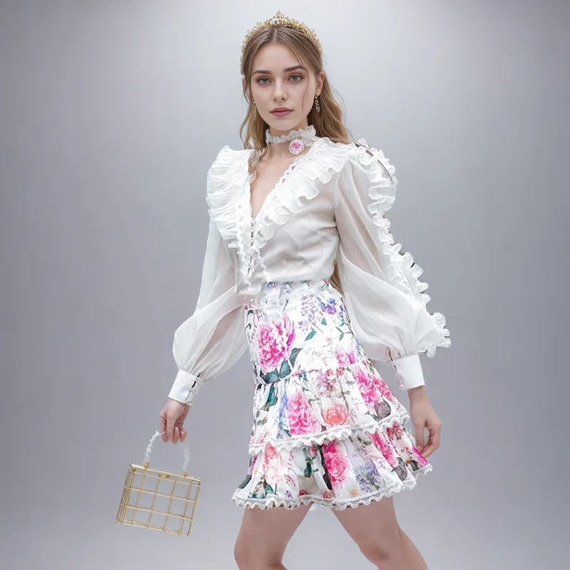 Hit Color Vintage Sets For Women V Neck long Sleeve Solid Tops High Waist Patchwork Ruffles Mini Skirt Print Set Female Fashion
Hit Color Vintage Sets For Women V Neck long Sleeve Solid Tops High Waist Patchwork Ruffles Mini Skirt Print Set Female Fashion
