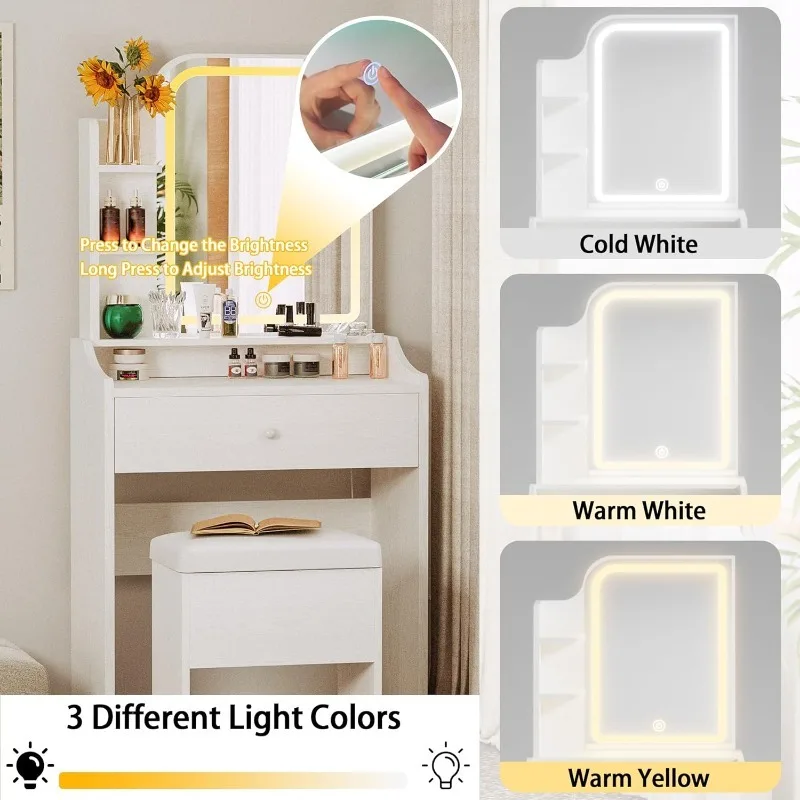Small Makeup Vanity Desk with Mirror and Lights, Vanity Table Set with Storage Drawer, Chair and Three Shelves, Bedroom, White
Small Makeup Vanity Desk with Mirror and Lights, Vanity Table Set with Storage Drawer, Chair and Three Shelves, Bedroom, White