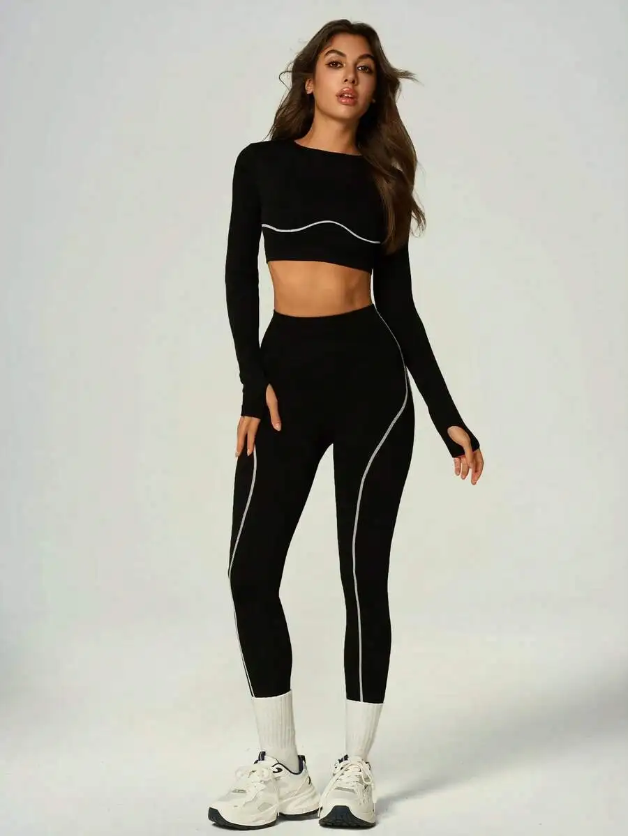 Seamless Women 2 Piece Sport Set Long Sleeve Cropped Top High Waist Leggings With Thumb Hole Contrast Stitching
Seamless Women 2 Piece Sport Set Long Sleeve Cropped Top High Waist Leggings With Thumb Hole Contrast Stitching