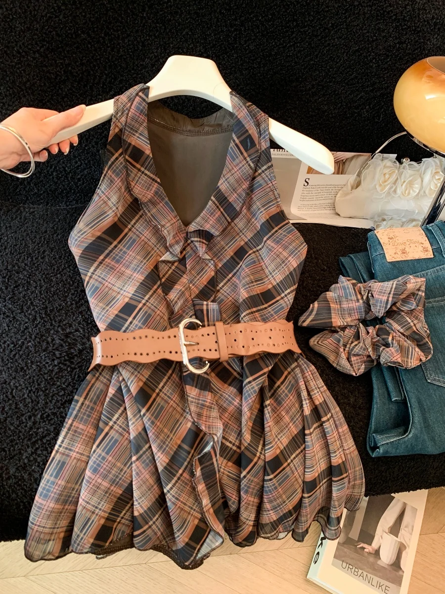 Hong Kong Style Plaid Vest Belted Shirt Women Summer Unique Beautiful Lace Trim Waist Cinching Top Korean Version Polyester F...
Hong Kong Style Plaid Vest Belted Shirt Women Summer Unique Beautiful Lace Trim Waist Cinching Top Korean Version Polyester F...