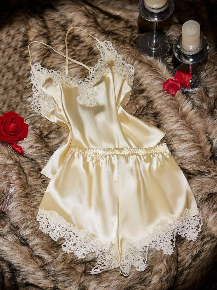 Lace Trim Satin Camisole And Shorts Pajama Set V-Neck Backless Sleepwear For Women
Lace Trim Satin Camisole And Shorts Pajama Set V-Neck Backless Sleepwear For Women
