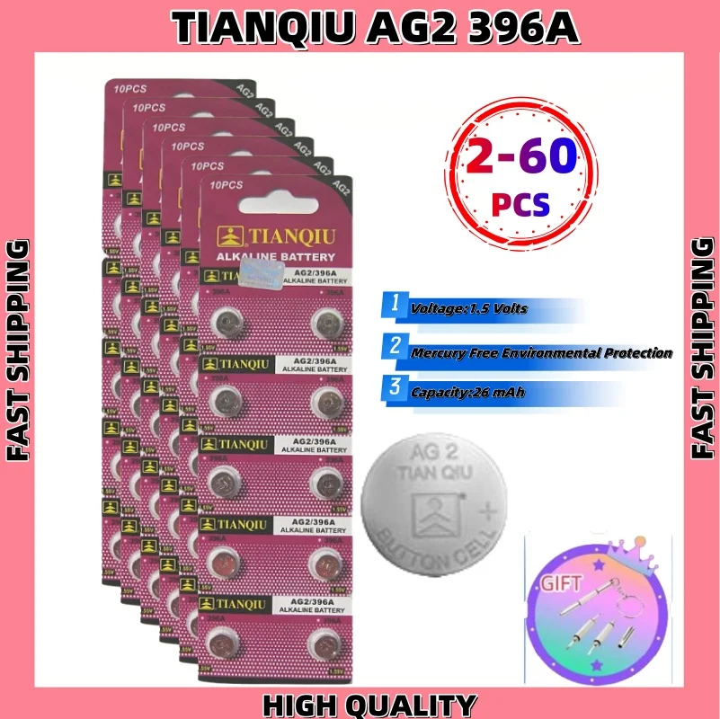 Original TIANQIU 2-60PCS AG2 396A Watch Battery1.55V SR726W LR726 SR59W SR726 Alkaline Button Coin Cell Batteries for Watches
Original TIANQIU 2-60PCS AG2 396A Watch Battery1.55V SR726W LR726 SR59W SR726 Alkaline Button Coin Cell Batteries for Watches