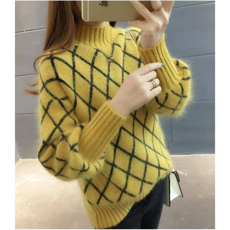 Fashion Stand Collar Loose Knitted Plaid Sweaters Women's Clothing Winter New Oversized Casual Pullovers Commuter Warm Tops N539
Fashion Stand Collar Loose Knitted Plaid Sweaters Women's Clothing Winter New Oversized Casual Pullovers Commuter Warm Tops N539