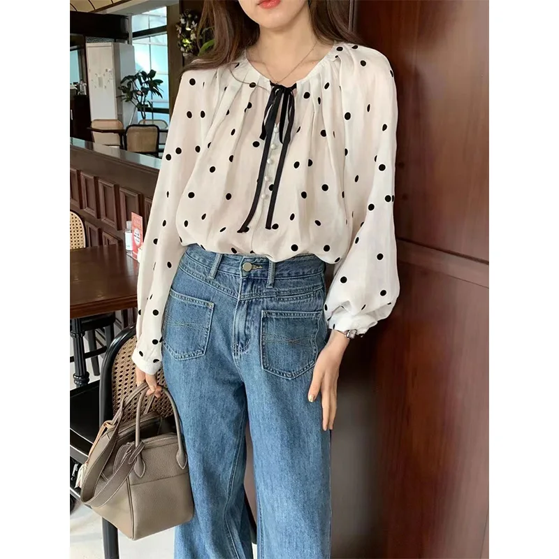 Femme Spring Fashion Trend Polka Dot Solid Color O-neck Chiffon Women Shirts All-match Fashionable Drawstring Puff Sleeve Top Te
Femme Spring Fashion Trend Polka Dot Solid Color O-neck Chiffon Women Shirts All-match Fashionable Drawstring Puff Sleeve Top Te