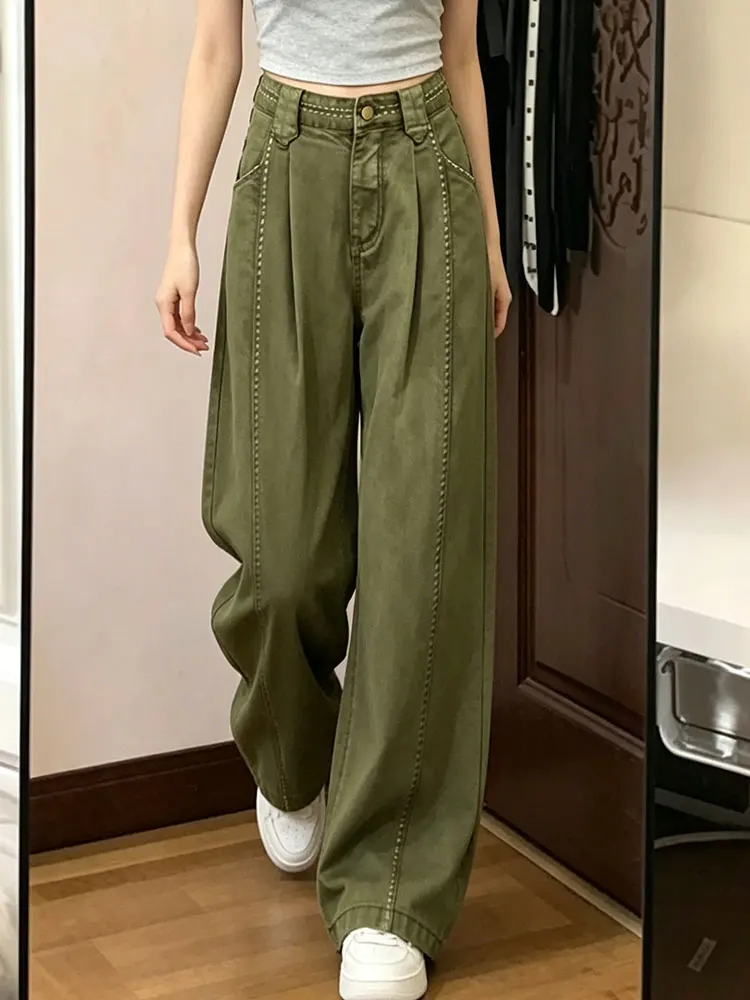 American Style Retro Military Green Wide Leg Jeans Women's High Waist Loose Slimming Casual Knife Denim Pants Summer 2026
American Style Retro Military Green Wide Leg Jeans Women's High Waist Loose Slimming Casual Knife Denim Pants Summer 2026