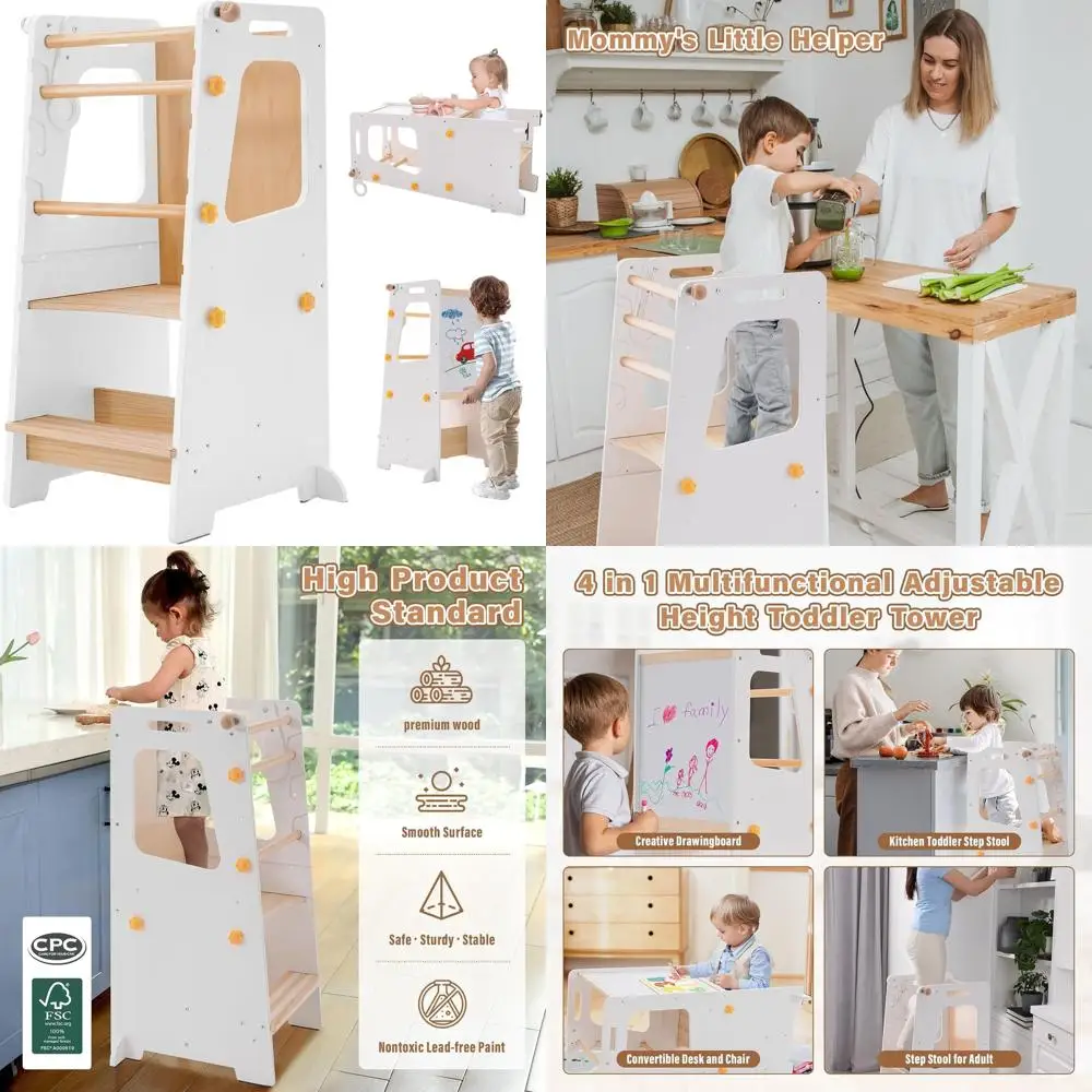 All-in-One Toddler Kitchen Set: Adjustable Height Stool, Convertible Table & Chair, Whiteboard, Safety Rail (White)
All-in-One Toddler Kitchen Set: Adjustable Height Stool, Convertible Table & Chair, Whiteboard, Safety Rail (White)