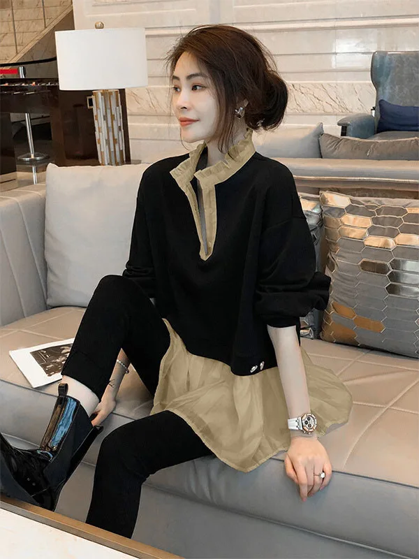 Fashionable Patchwork High-End Women's Autumn Top Elegant Design Korean Style Loose Fit Long Sleeve Half Open Collar Mid-Length
Fashionable Patchwork High-End Women's Autumn Top Elegant Design Korean Style Loose Fit Long Sleeve Half Open Collar Mid-Length