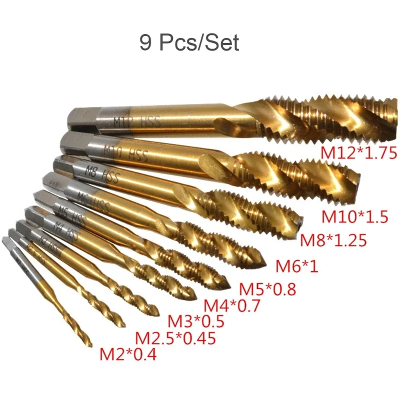 Screw Thread Metric Spiral Hand Plug Tap Drill Bits Kit, Titanium Coated, High Speed Steel, HSS, M2-M12, 9Pcs
Screw Thread Metric Spiral Hand Plug Tap Drill Bits Kit, Titanium Coated, High Speed Steel, HSS, M2-M12, 9Pcs