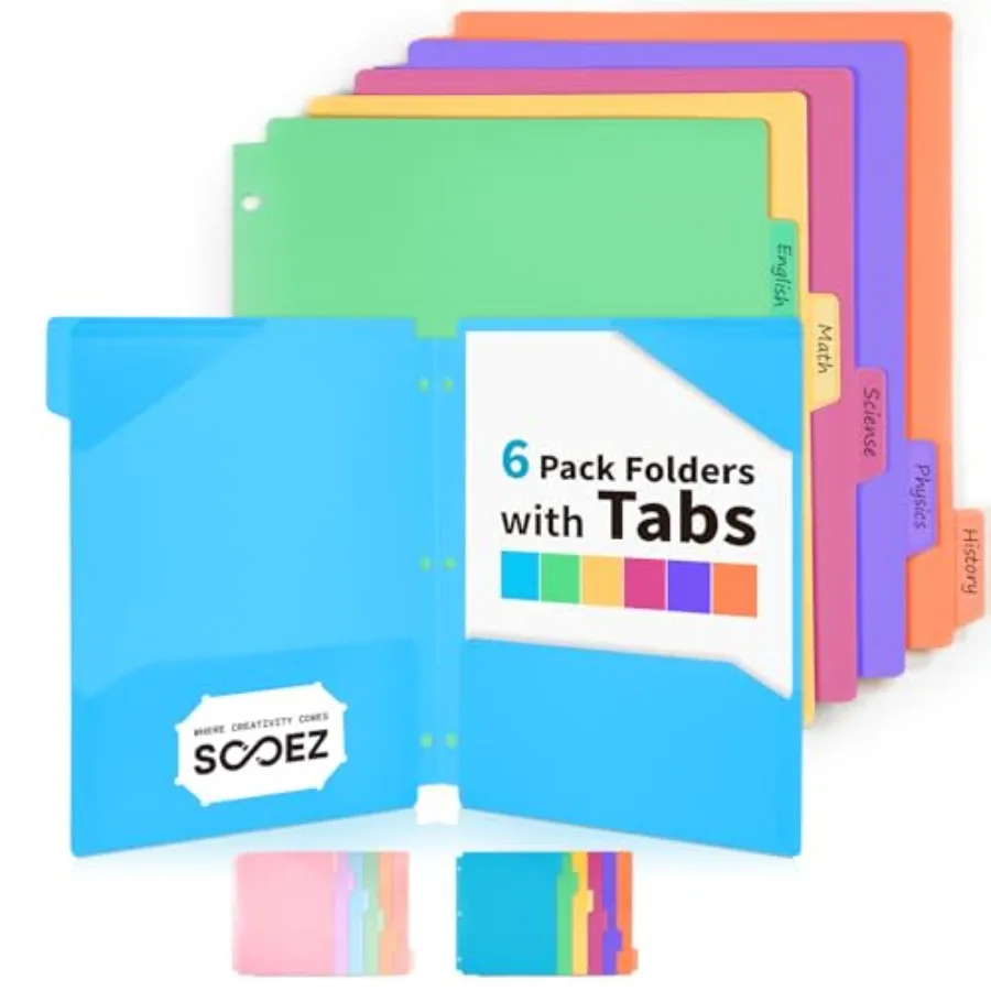 Plastic Folders with Pockets and Tabs, 6 Pack Pocket Folders with Writable Label Stickers, Fits 3-Ring Binder, Holds Letter/A4
Plastic Folders with Pockets and Tabs, 6 Pack Pocket Folders with Writable Label Stickers, Fits 3-Ring Binder, Holds Letter/A4