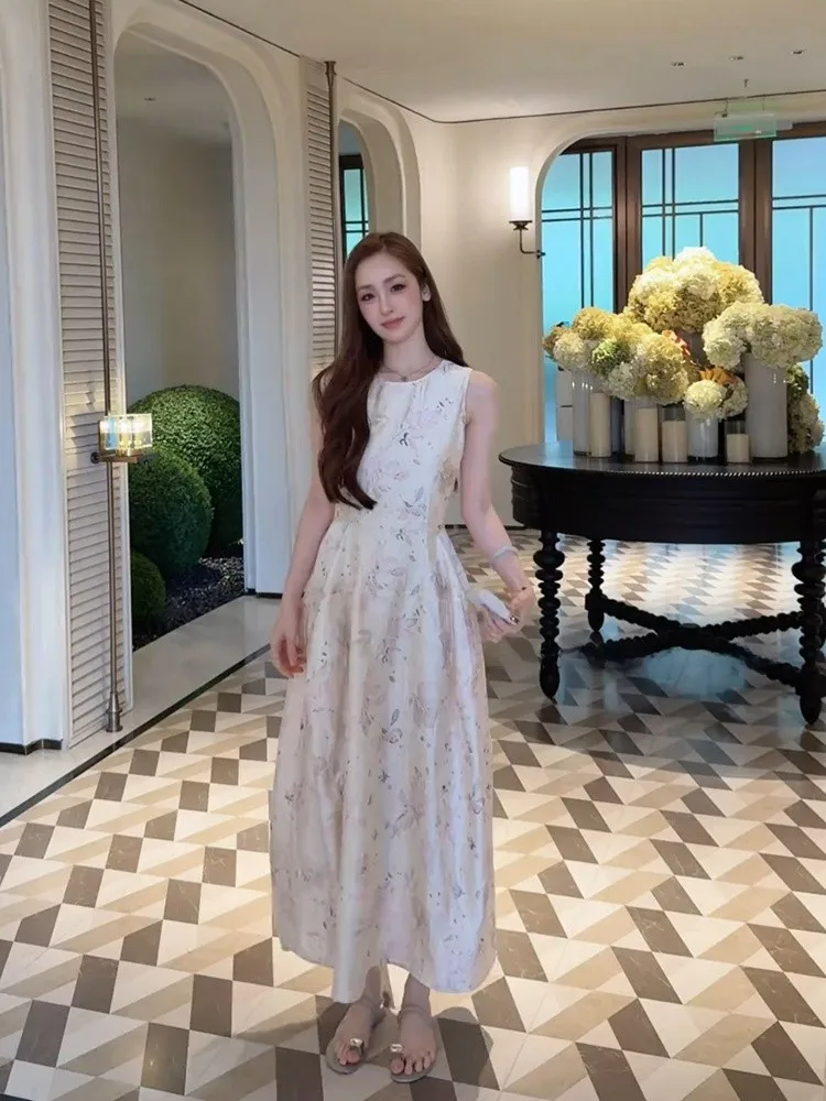 Elegant Floral Print Sleeveless Women's Dress Gentle Style Waist Cinched A-Line Skirt Summer Long Dress for Young Ladies
Elegant Floral Print Sleeveless Women's Dress Gentle Style Waist Cinched A-Line Skirt Summer Long Dress for Young Ladies