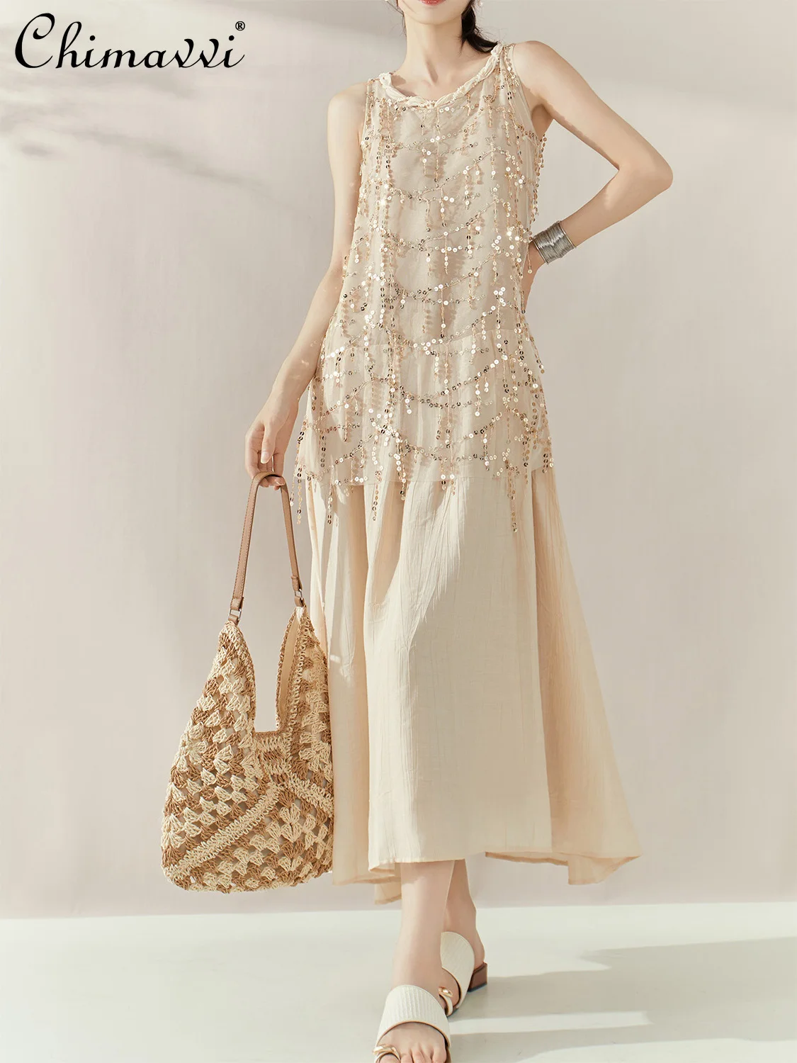 French Heavy Industry Sequined Splicing Dresses Summer Round Neck Sleeveless Loose A-line Elegant Temperament Long Dress Women
French Heavy Industry Sequined Splicing Dresses Summer Round Neck Sleeveless Loose A-line Elegant Temperament Long Dress Women