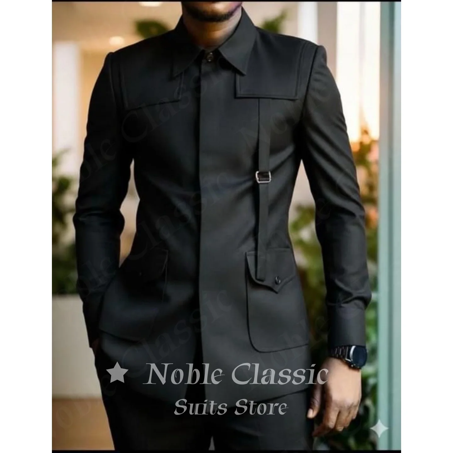 Men Black Slim Fit Casual Blazer Jacket with Unique Strap Detail Lapel Collar Long Sleeve Button Up Business Wear Customized
Men Black Slim Fit Casual Blazer Jacket with Unique Strap Detail Lapel Collar Long Sleeve Button Up Business Wear Customized