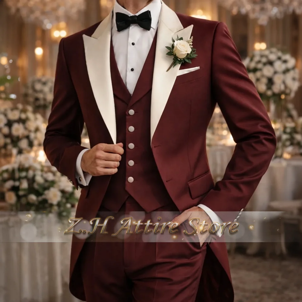 Elegant burgundy men's three-piece suit set with ivory peak lapel jacket vest pants custom-made tuxedo for wedding groom prom
Elegant burgundy men's three-piece suit set with ivory peak lapel jacket vest pants custom-made tuxedo for wedding groom prom