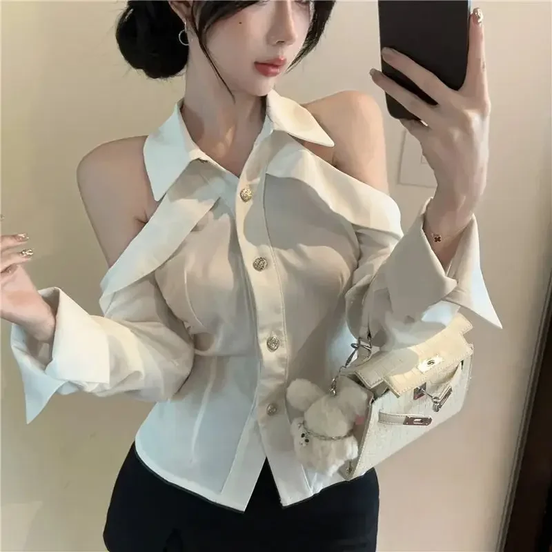 Korejpaa Sexy Women Shirt Elegant Off Shoulder Long Sleeve Top Irregular Turn-down Collar Slimming Temperament Blusas Mujer
Korejpaa Sexy Women Shirt Elegant Off Shoulder Long Sleeve Top Irregular Turn-down Collar Slimming Temperament Blusas Mujer