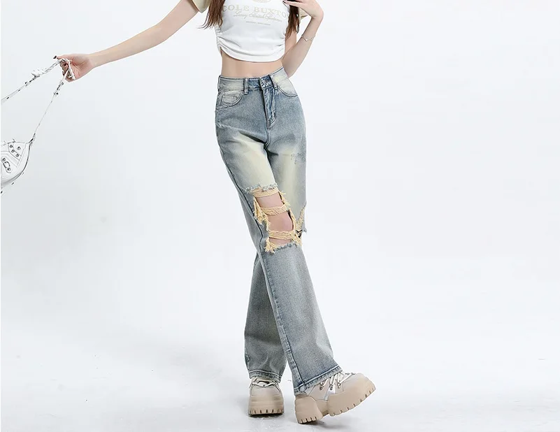 2023 Summer Big Hole New Straight Retro Retro Denim Wide Leg Pants Women's Hole Hole Pants Regular&Extended
2023 Summer Big Hole New Straight Retro Retro Denim Wide Leg Pants Women's Hole Hole Pants Regular&Extended