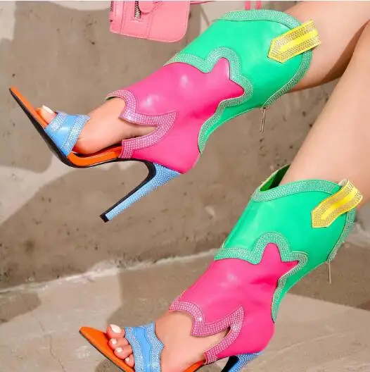 Summer Hot Pink Blue Yellow Mixed Color Bling Crystal Rhinestone Hollow Pointed Peep Toe Thin Heels Mid-calf Sandals Boots Women
Summer Hot Pink Blue Yellow Mixed Color Bling Crystal Rhinestone Hollow Pointed Peep Toe Thin Heels Mid-calf Sandals Boots Women