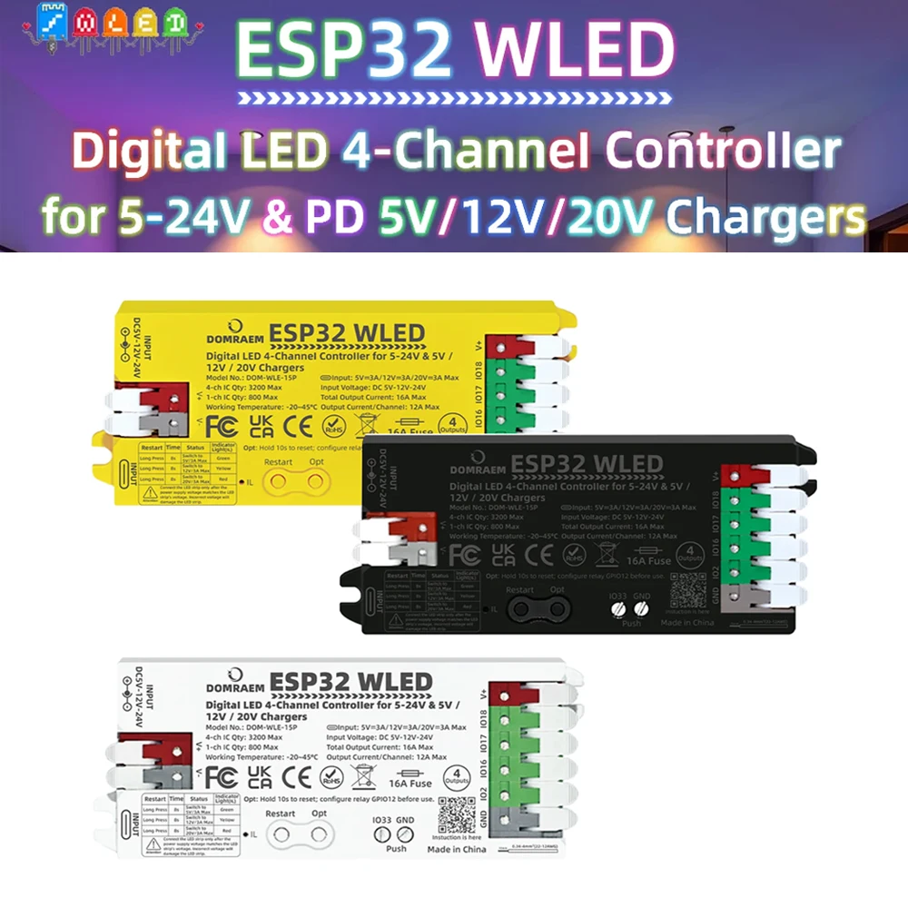 Двухканальный контроллер LED-подсветки ESP32 WLED с поддержкой PD 5V/12V/20V и DC 5-24V, 4 выхода для пиксельных светодиодов WS2811/12B APA102 от DOMRAEM
Двухканальный контроллер LED-подсветки ESP32 WLED с поддержкой PD 5V/12V/20V и DC 5-24V, 4 выхода для пиксельных светодиодов WS2811/12B APA102 от DOMRAEM