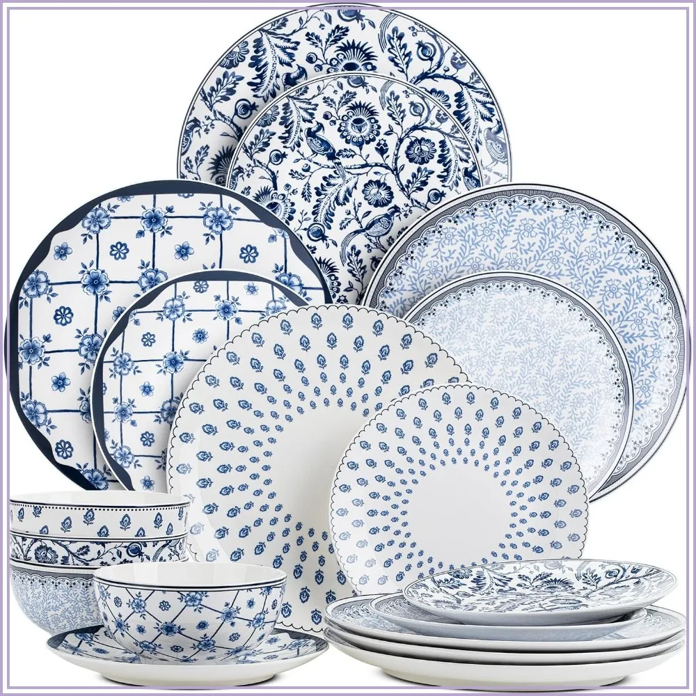 Porcelain Dinnerware Set for 4 - 12pcs Plates and Bowls with Blue Pattern, Microwave and Dishwasher Safe
Porcelain Dinnerware Set for 4 - 12pcs Plates and Bowls with Blue Pattern, Microwave and Dishwasher Safe
