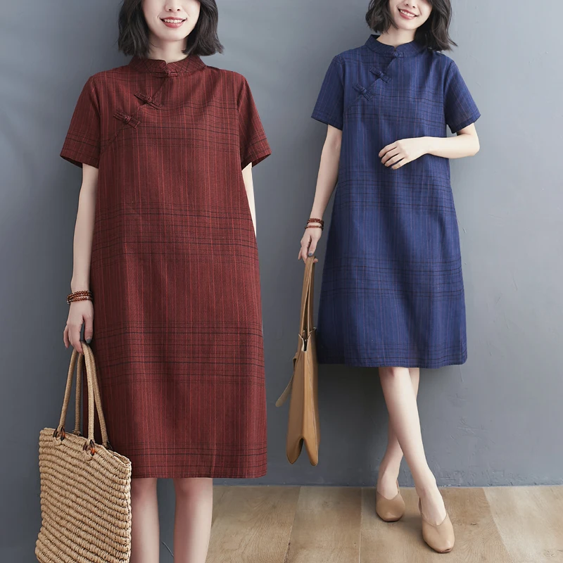 Summer 2024 New Retro Artistic Chinese Style Reformed Dress Women's Midi Loose Cotton Linen Plaid Dress
Summer 2024 New Retro Artistic Chinese Style Reformed Dress Women's Midi Loose Cotton Linen Plaid Dress