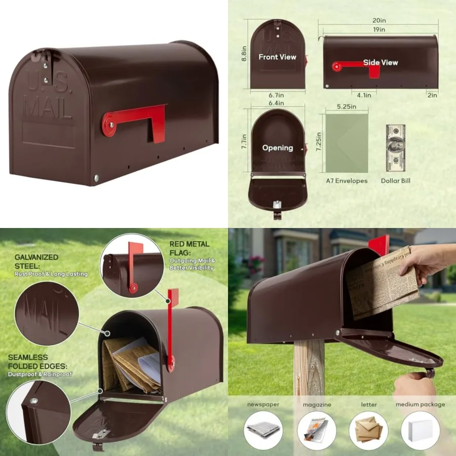 Bronze Metal Mailbox Post Mount, Medium Compacity Mail Box, Galvanized Steel Standard Mailboxes for Outside, 20 x 8.7 x 6.7 Inc
Bronze Metal Mailbox Post Mount, Medium Compacity Mail Box, Galvanized Steel Standard Mailboxes for Outside, 20 x 8.7 x 6.7 Inc