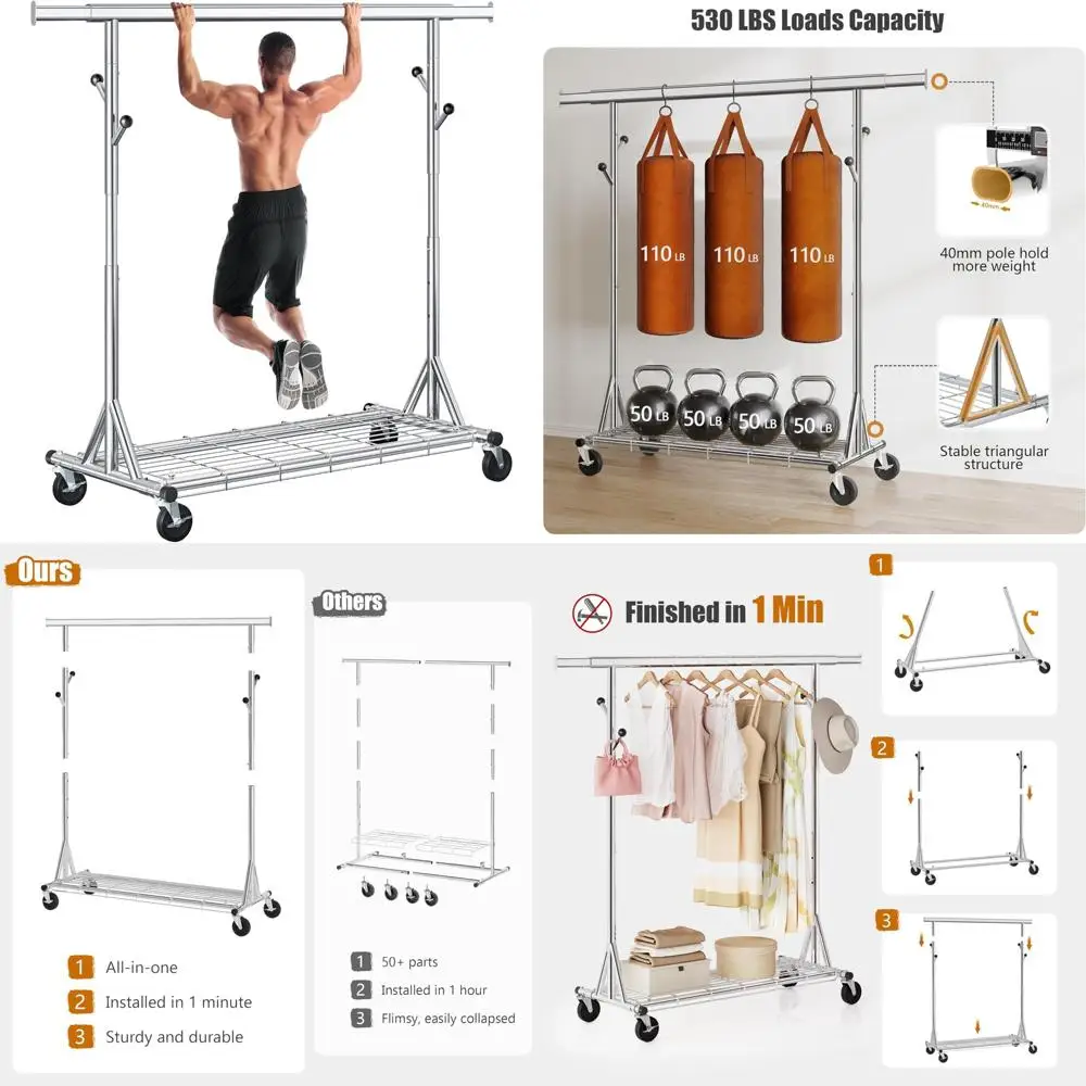 Прочная металлическая вешалка для одежды емкостью 530 фунтов, вмещает 200 предметов одежды, складная и вращающаяся портативная вешалка.
Прочная металлическая вешалка для одежды емкостью 530 фунтов, вмещает 200 предметов одежды, складная и вращающаяся портативная вешалка.
