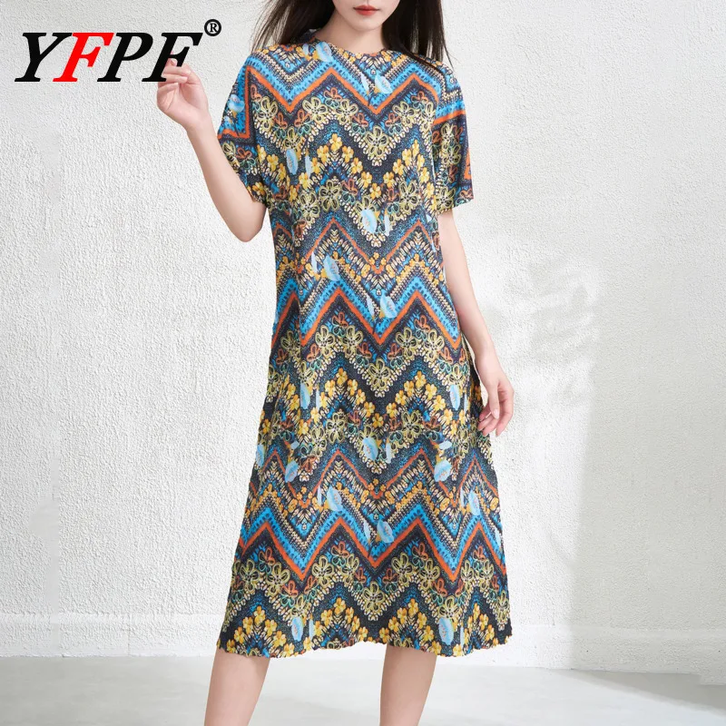 YFPF Fashion Flower Printing Dress Women Miyake Pleated Short Sleeve Loose Contrast Color Dresses Casual 2025 New Clothing
YFPF Fashion Flower Printing Dress Women Miyake Pleated Short Sleeve Loose Contrast Color Dresses Casual 2025 New Clothing