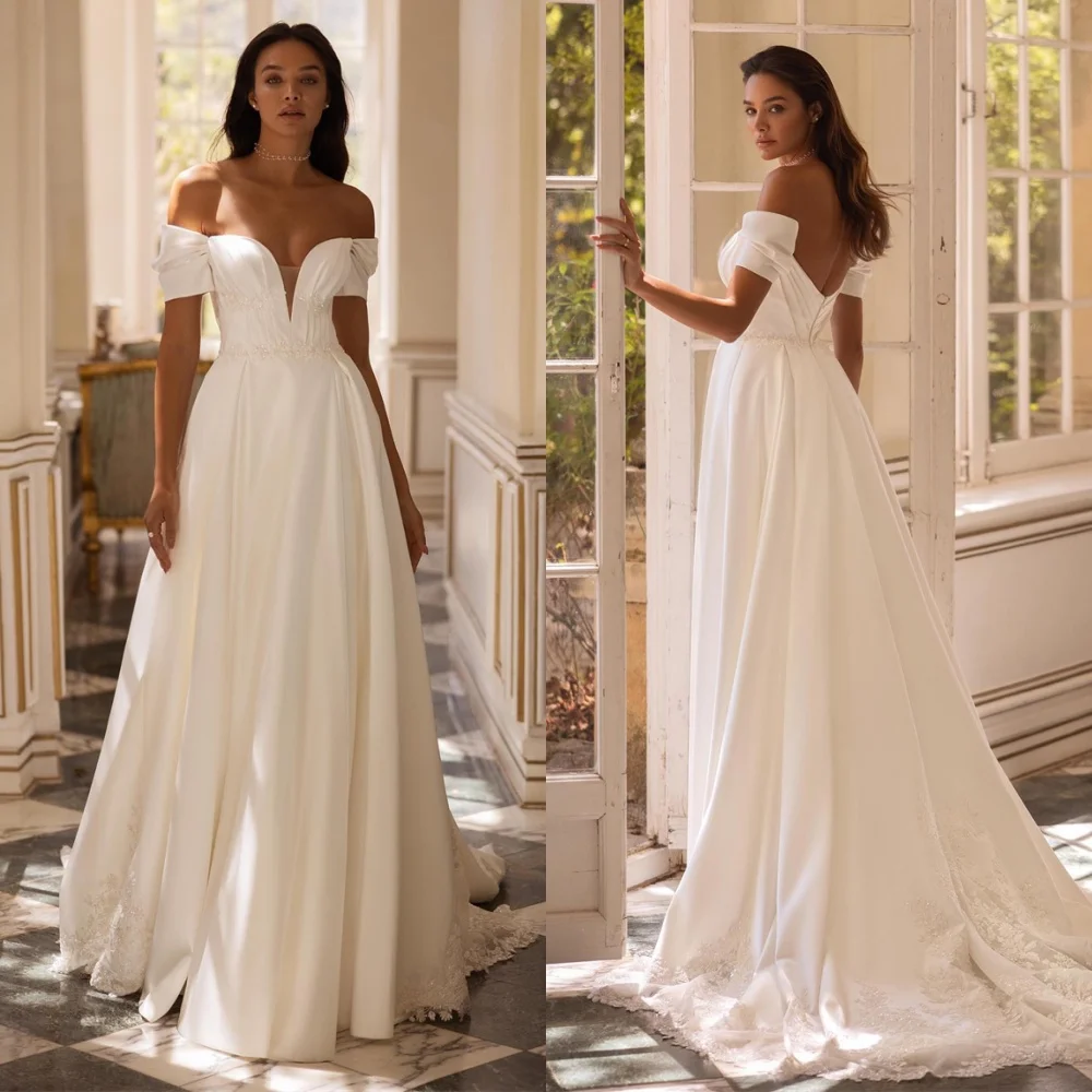 Customized White Satin Wedding Dress Elegant Strapless Off the Shoulder Short Sleeves Bridal Gowns Chapel Train Backless Dresses
Customized White Satin Wedding Dress Elegant Strapless Off the Shoulder Short Sleeves Bridal Gowns Chapel Train Backless Dresses