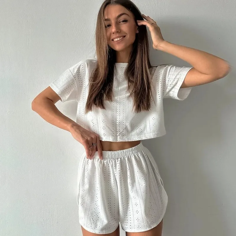 Women Ins European Solid Eyelet Short Sleeve Crop Top Elastic Waist Shorts Casual Two Piece Loungewear Set
Women Ins European Solid Eyelet Short Sleeve Crop Top Elastic Waist Shorts Casual Two Piece Loungewear Set
