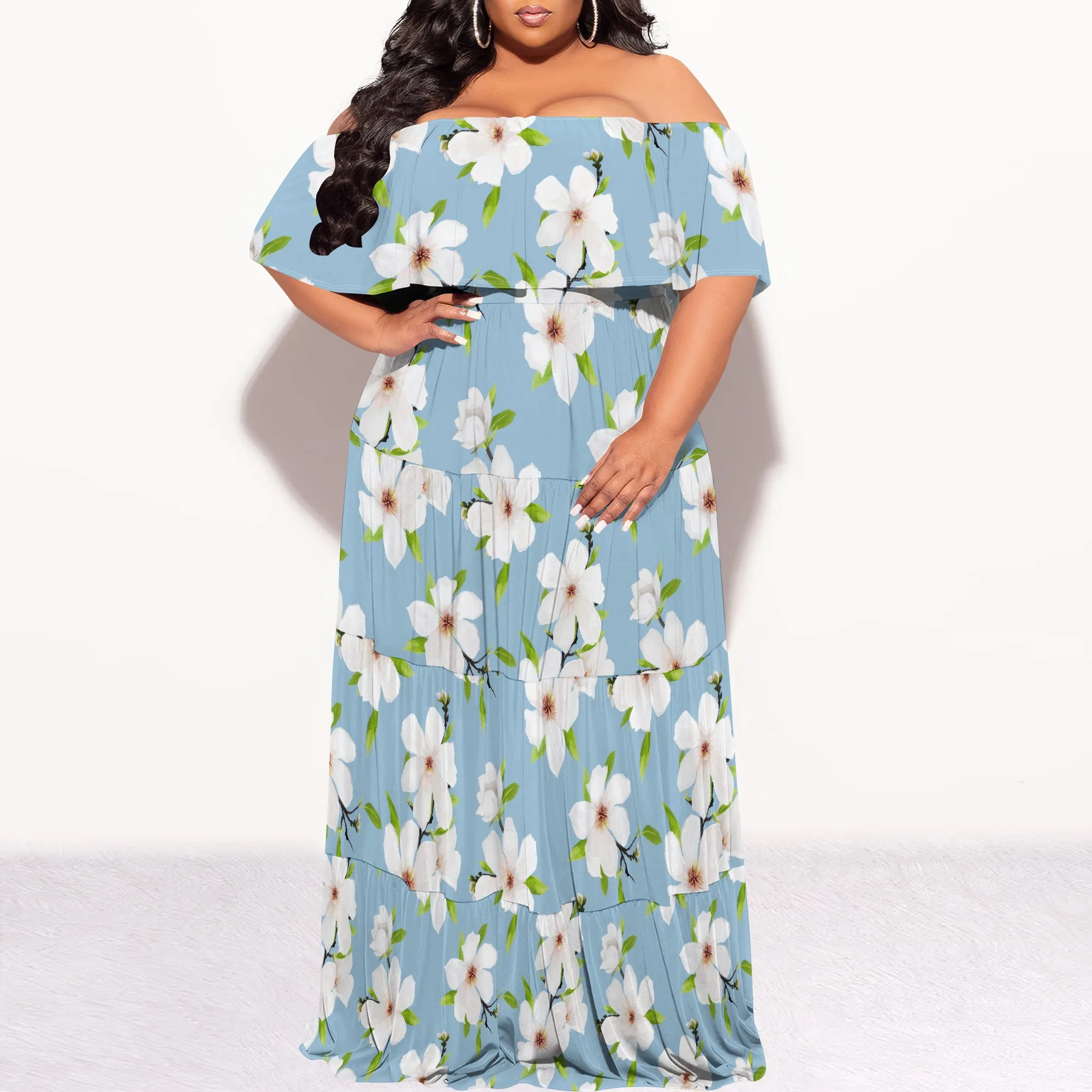 Plus Size Off Shoulder Blue Floral Maxi Dress for Women, Elegant Summer Beach Holiday Dress
Plus Size Off Shoulder Blue Floral Maxi Dress for Women, Elegant Summer Beach Holiday Dress