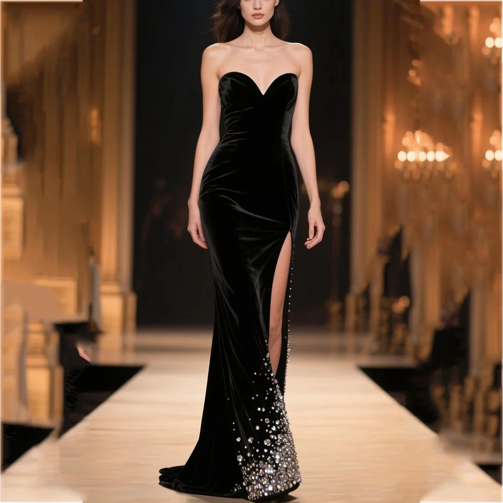 Chic Black Evening Dress For Women Luxury Beaded Mermaid Strapless Sleeveless Customized Formal Party Gown Robes De Soirée
Chic Black Evening Dress For Women Luxury Beaded Mermaid Strapless Sleeveless Customized Formal Party Gown Robes De Soirée