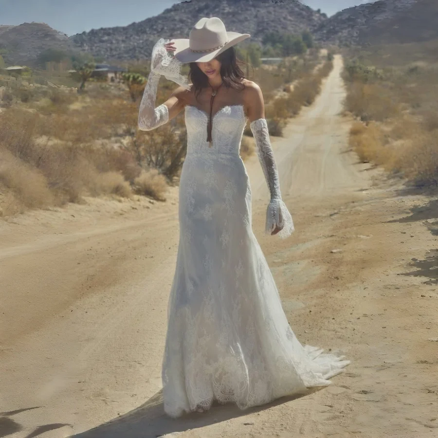 Exquisite Strapless Deep V Haute Couture Lace Mermaid Wedding Dress with Bell Sleeve Lace Gloves and Bespoke Train Customized
Exquisite Strapless Deep V Haute Couture Lace Mermaid Wedding Dress with Bell Sleeve Lace Gloves and Bespoke Train Customized