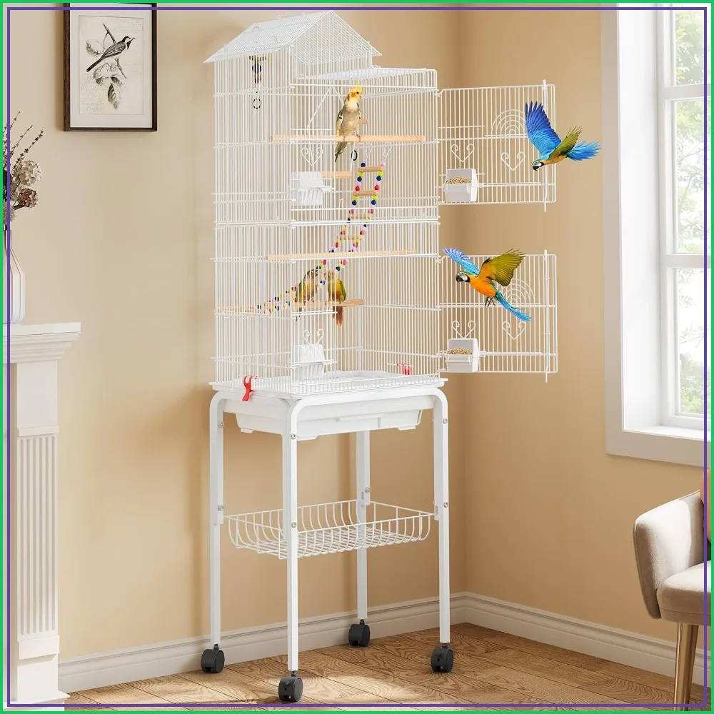 62 inch Metal Bird Cage for Parakeets, Cockatiels, Lovebirds with Rolling Stand & Hanging Toys, White
62 inch Metal Bird Cage for Parakeets, Cockatiels, Lovebirds with Rolling Stand & Hanging Toys, White