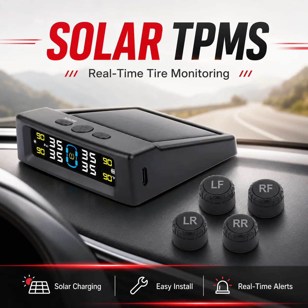 Universal External Solar TPMS for Cars SUV Trucks Vans – 4 Sensors Wireless Monitor, Easy Installation, Wireless Alert System
Universal External Solar TPMS for Cars SUV Trucks Vans – 4 Sensors Wireless Monitor, Easy Installation, Wireless Alert System