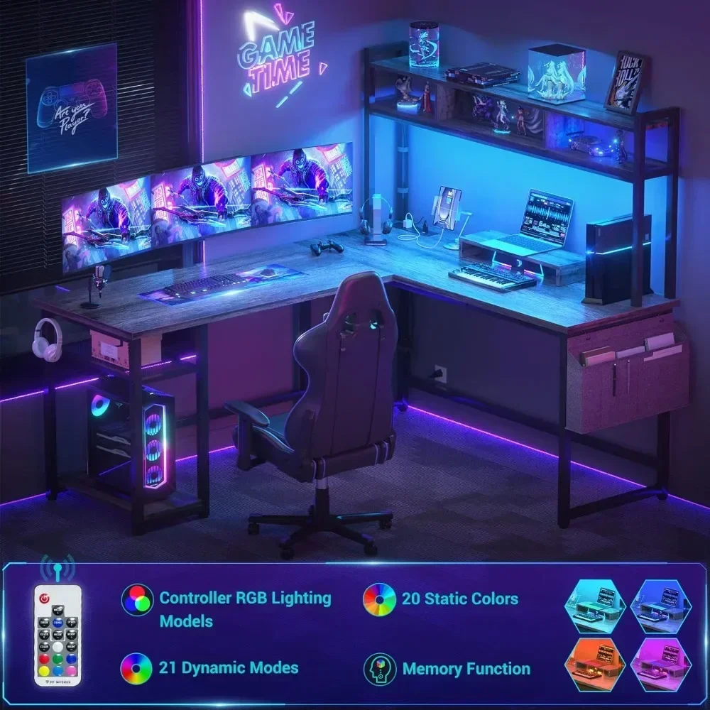 L-shaped table with power socket and LED bar, reversible, gaming table with storage shelves and monitor stands
L-shaped table with power socket and LED bar, reversible, gaming table with storage shelves and monitor stands