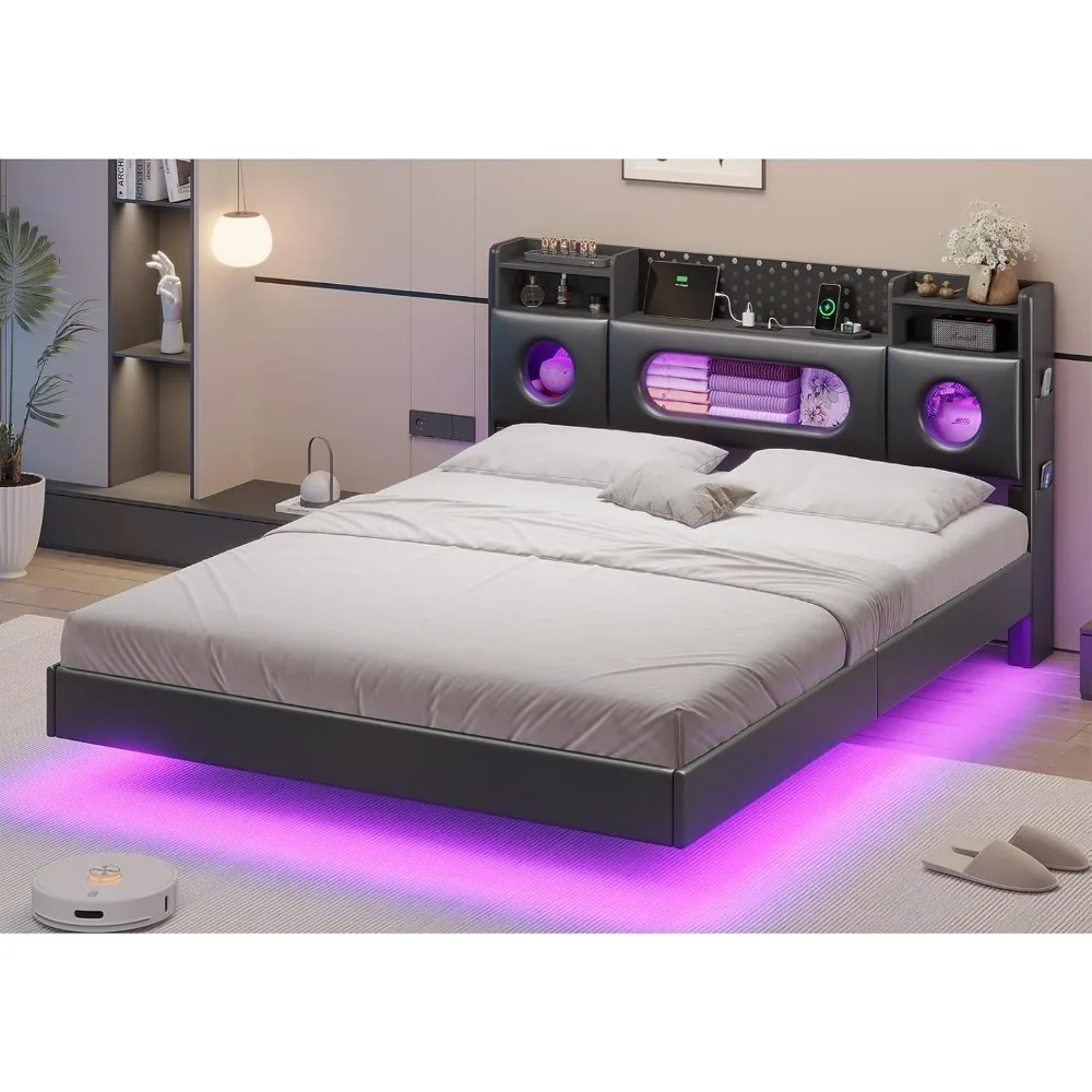 Floating Bed Frame Queen with Headboard, Upholstered Platform Queen Bed Frame with Storage, LED Lights and Charging Station, Noi 
Floating Bed Frame Queen with Headboard, Upholstered Platform Queen Bed Frame with Storage, LED Lights and Charging Station, Noi