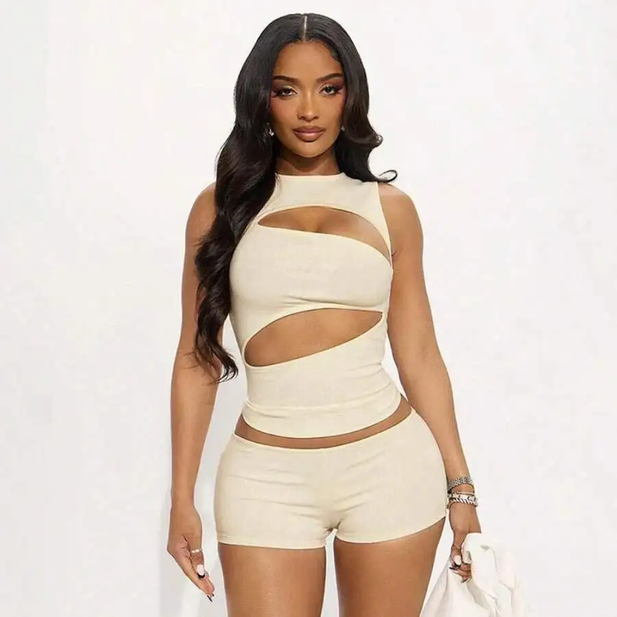 Cream Cut-Out Bodycon Two-Piece Set Sleeveless Vest And Shorts For Women
Cream Cut-Out Bodycon Two-Piece Set Sleeveless Vest And Shorts For Women