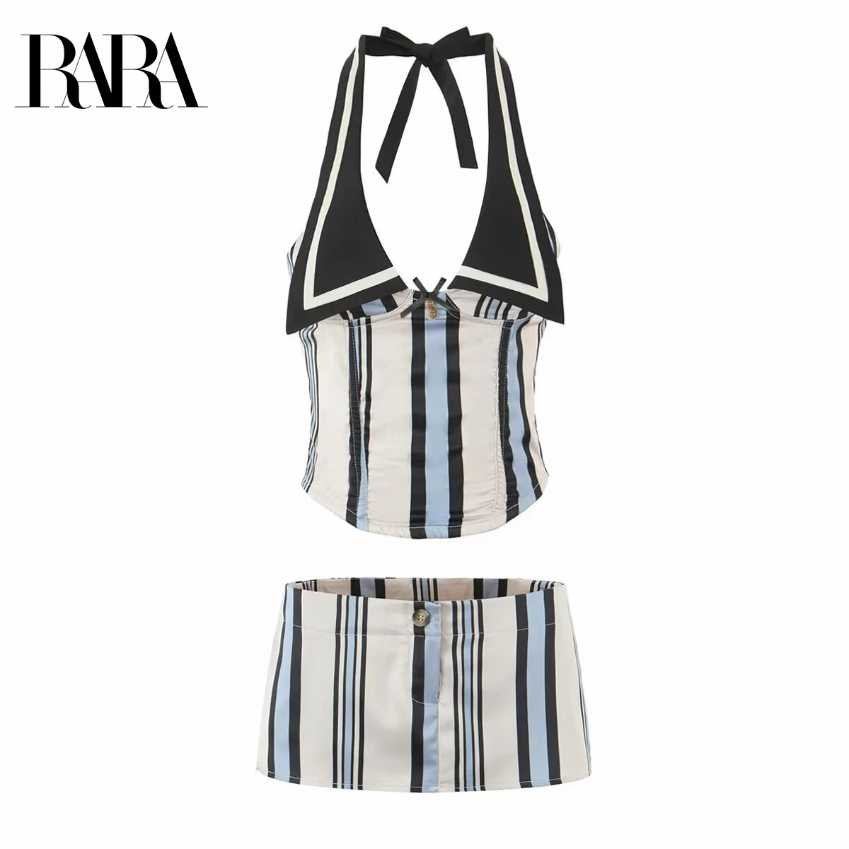 RARA Womens Two Piece Set Halter Neck Crop Top with Bow Back Detail Matching High Waist Mini Skirt Striped Pattern
RARA Womens Two Piece Set Halter Neck Crop Top with Bow Back Detail Matching High Waist Mini Skirt Striped Pattern