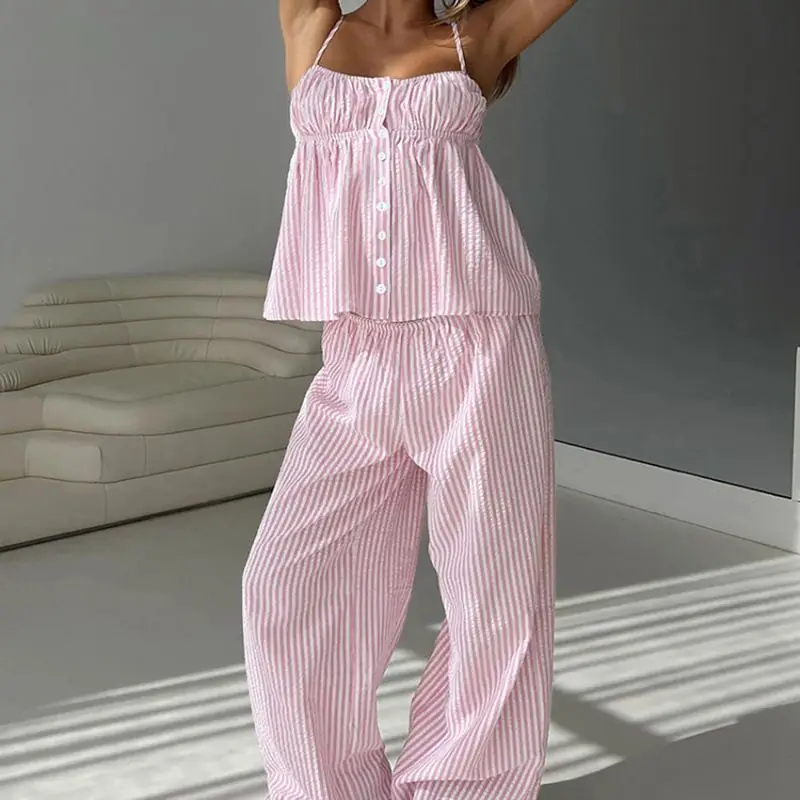 Summer Suit Striped Suspender Top Casual Trousers Loose Comfortable Loungewear Pajamas Ladies
Summer Suit Striped Suspender Top Casual Trousers Loose Comfortable Loungewear Pajamas Ladies
