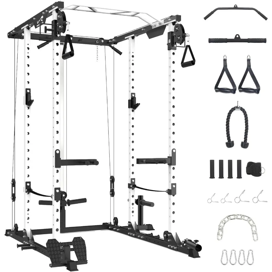 Power Cage 2000 LBS MultiFunction Power Rack with LAT Pull Down Pulley System Strength Training Squat Rack with Cable CrossOver